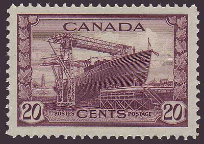 Canada c stamp shows WWII Corvette under construction in the shipyard.