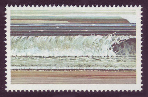 Canadian stamp error with inscriptions missing.  Image is a  breaking wave seascape in Fundy National Park