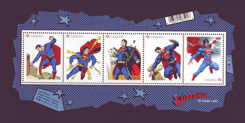 Superman souvenir sheet of 5 stamps depicting the Superhero over the years.