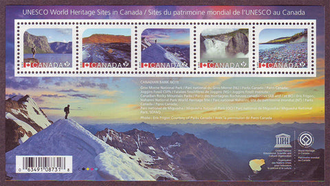 Canada souvenir sheet containing 5 stamps showing Canadian UNESCO sites.