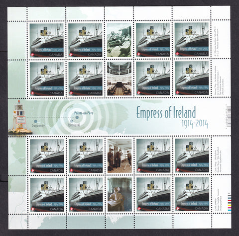 Pane of 16 stamps, all showing the Empress of Ireland passenger ship which sank in 1914.