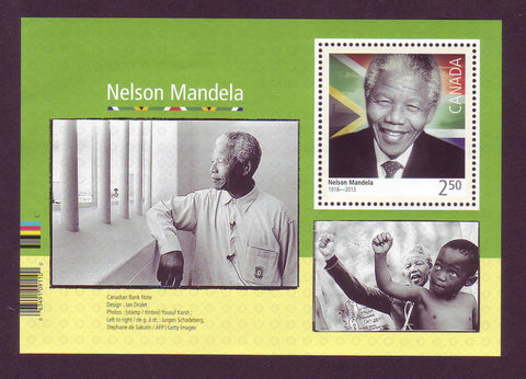 Canadian Souvenir sheet with 1 stamp and 2 b/w photos honoring Nelson Mandela