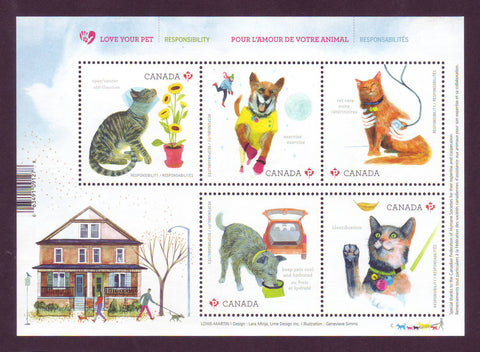 Canadian Souvenir sheet with 5 stamps picturing Lovable and Huggable dogs and cats