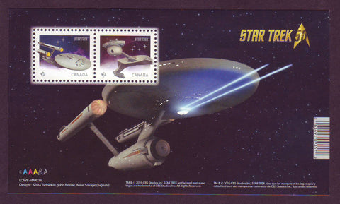 Canada  souvenir sheet featuring Starships on 2 stamps, from the famous Star Trek series.