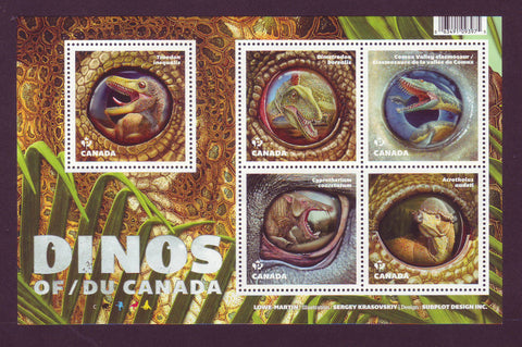 canada souvenir sheet of 5 colourful dinosaur stamps