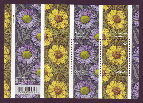 Canada souvenir of 2 stamps featuring a pattern of Daisies in yellow and mauve.ortraits from his life and work.