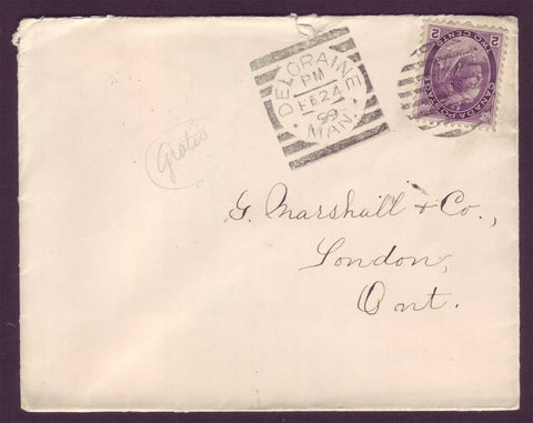CA5008 Canada 2¢ Victoria Numeral Cover with Deloraine Squared Circle cancel - 1899
