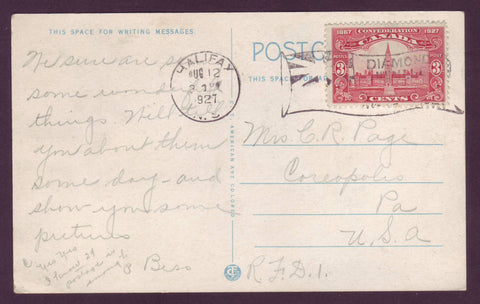 CA5044  Scott # 143, 3¢ Parliament Buildings Postcard to USA - 1927