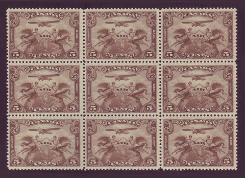CAC01x91 Canada # C1 F-VF MNH** block of 9, First Airmail Stamp 1928
