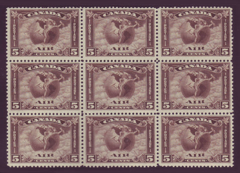 CAC02x91 Canada # C2 F MNH** block of 9, Air Mail Stamp 1930