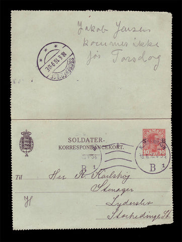 DE5005 Denmark Soldier Correspondence Card, used with contents 1914