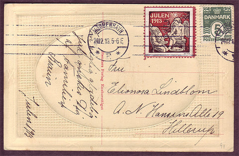 DE5091b Denmark 1913 Christmas seal tied to postcard.