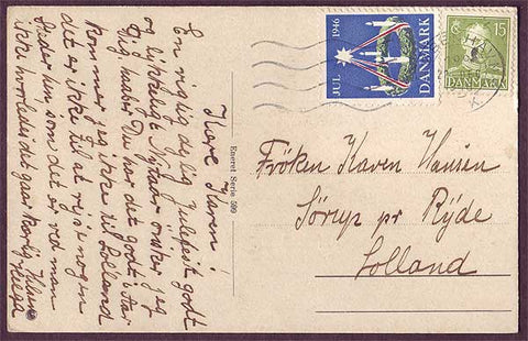 DE8010 Denmark 1946 Christmas seal tied to postcard