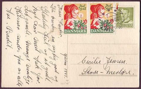 DE8012 Denmark 1948 Christmas seal tied to postcard