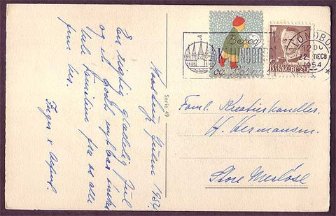 DE8018 Denmark 1954 Christmas seal tied to postcard