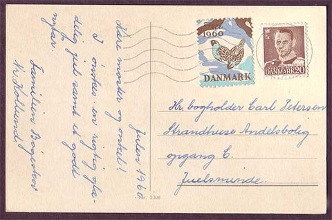 DE8020 Denmark 1960 Christmas seal tied to postcard
