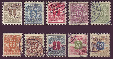 DEP01-10 Denmark Scott # P1-P10 F-VF Used, Newspaper Stamps 1907