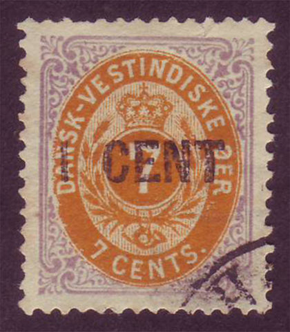 Danish West Indies stamp, lilac and orange with 1 cent surcharge in black.
