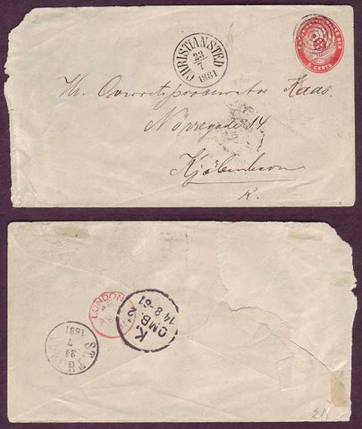 DWI5023ab Danish West Indies,  Stamped envelope  to Denmark. 1881