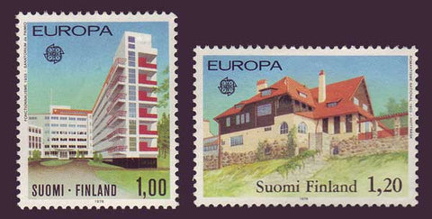 Architecture on 2 Finland stamps shows modern sanitorium and country studio home.
