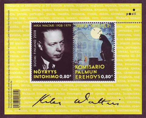 2 postage stamps showing a portrait of the Finnish author Mika Waltari and the cover of his most famous book.