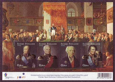 Sheet of 4 postage stamps showing the portraits of Finnish historical figures.