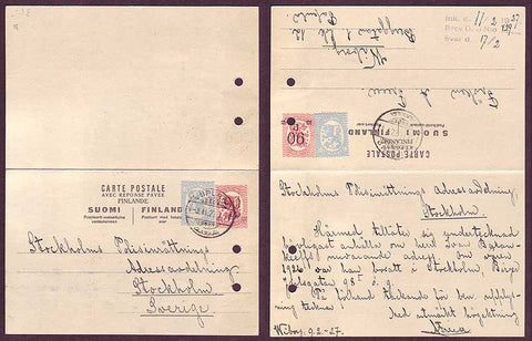 FI5036PH Finland       Postal reply card to Sweden,  1927