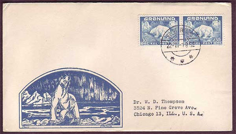 GR5010 Greenland Postmarked 22.11.1952. The beautiful cachet is signed 
        Spalding at the lower right.