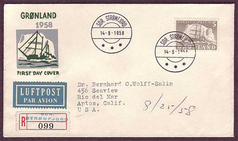 GR5025PH Greenland Registered First Day Cover to USA 14.8.1958