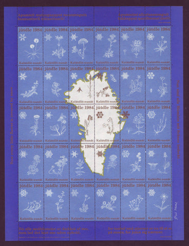 Showing a full sheet of 30 1984 Christmas seals, a mosaic of the map of Greenland.
