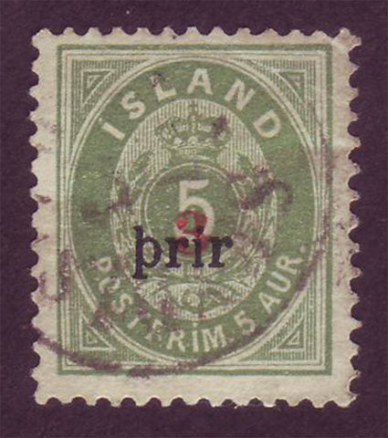 IC00315 Iceland Scott # 31 VF Used.  Large ''prir'' overprint with cert. 1897