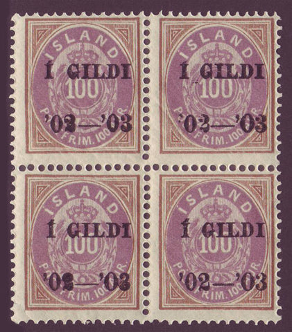 IC0068x41 Iceland Scott # 68 block of 4 MNH* 1902-03 overprint
