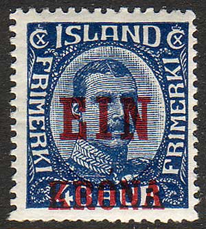 IC01502 Iceland Scott # 150 MH, ''EIN KRONA'' overprint in red 1926.