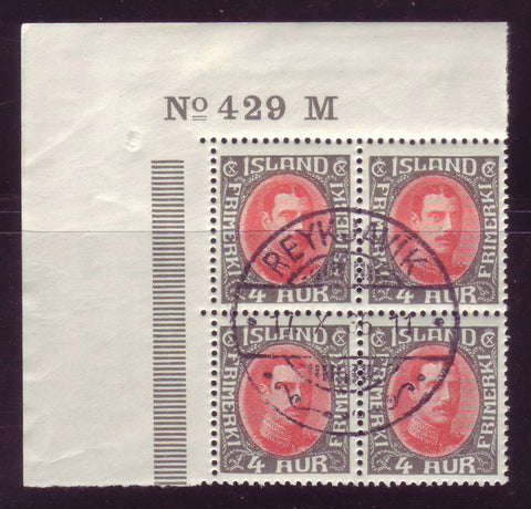 IC0178 Iceland Scott # 178 Numbered Plate Block,  C.T.O. 1936