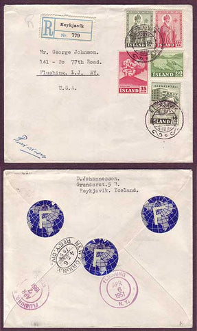 IC5016 Iceland Registered cover to USA 1951