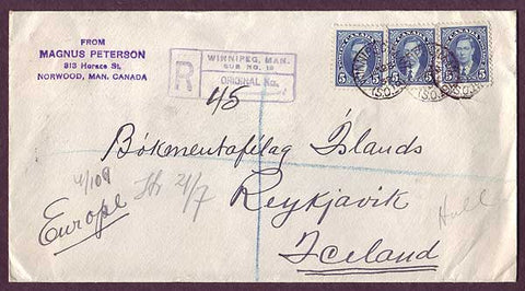 IC5027 Canada Registered letter to Iceland 1939