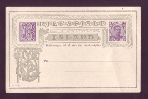 IC5102 Iceland Postal Stationery, Single Card Unused - 1924