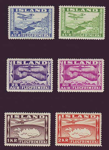 Shows Iceeland Air Mail stamps set of 6.  Features airplanes flying over Iceland and the Northern Lights.