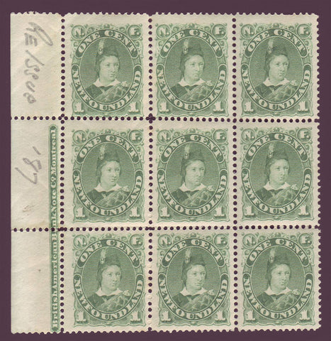 NF045x91 Newfoundland       # 45 VF MNH**      Block of 9 + partial inscription      (slight perf separation in selvege)      Prince of Wales 1896
