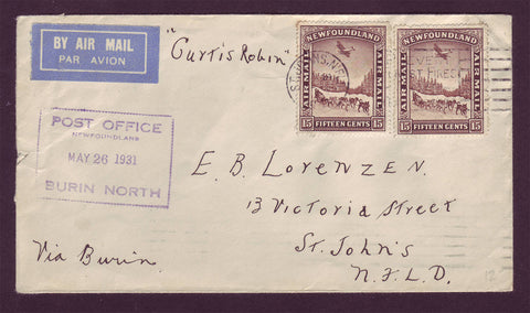 1931 Letter franked with 2 air mail stamps picturing A dog sled and an airplane flying overhead..