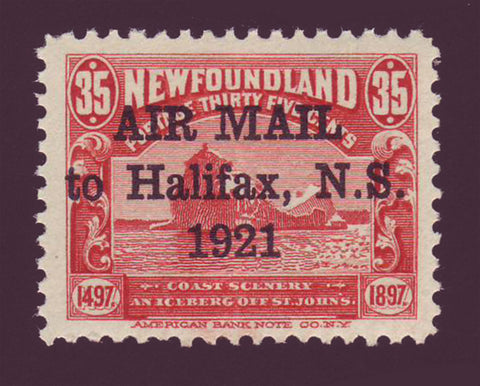 Newfoundland stamp in red showing giant iceberg floating. Overprinted ''AIR MAIL 1921''. 1921''