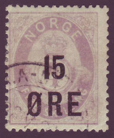 NO00625 Norway Scott # 62 used, 15o surcharge on 4sk lilac 1906