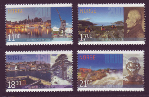 Stamp set featuring views of 4 historic Norwegian cities.