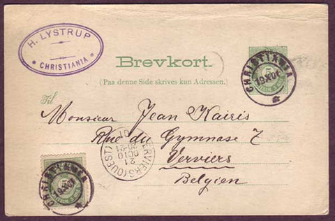 NO5020PE Norway Postal card to Belgium 19.10.1901