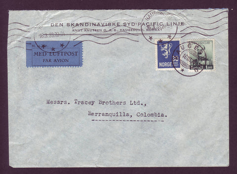 aNO5038 Norway,  Air Mail letter to Colombia, South America 1938