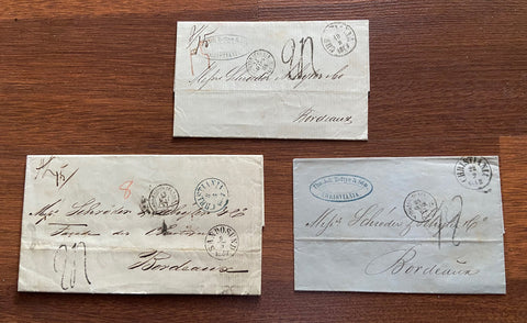NO5047 Norway,  3 Folded Letters, Unstamped to Bordeaux, France - 1857-64