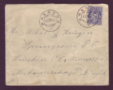 NO5049 Small Cover from Norway to Spring Grove MN, USA - 1905