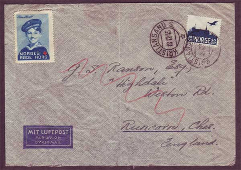 NO5078PH Norway Airmail letter with Red Cross label 18.12.1945
