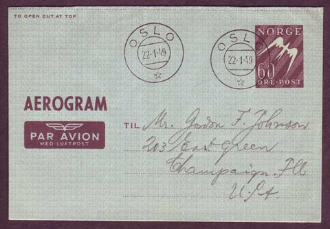 NO5096PH Norway Aerogram to USA 1949