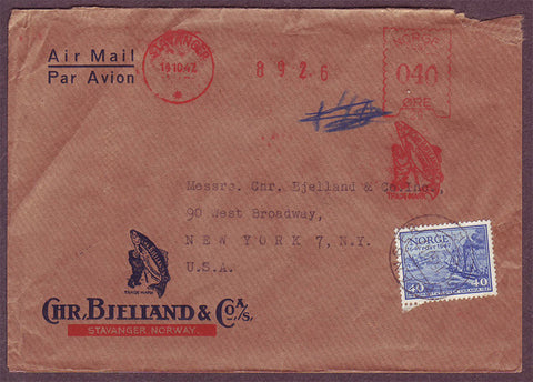 NO5107PH Norway 
      Illustrated business mail to USA
      with trade mark machine cancel
      Stavanger 14.10.1947